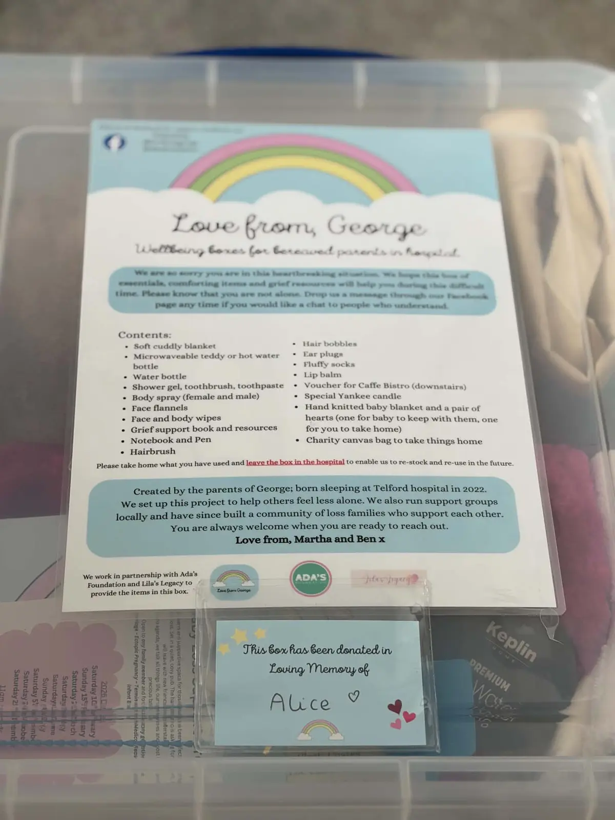 Love From George Wellbeing Box with its contents information and a memorial dedication card